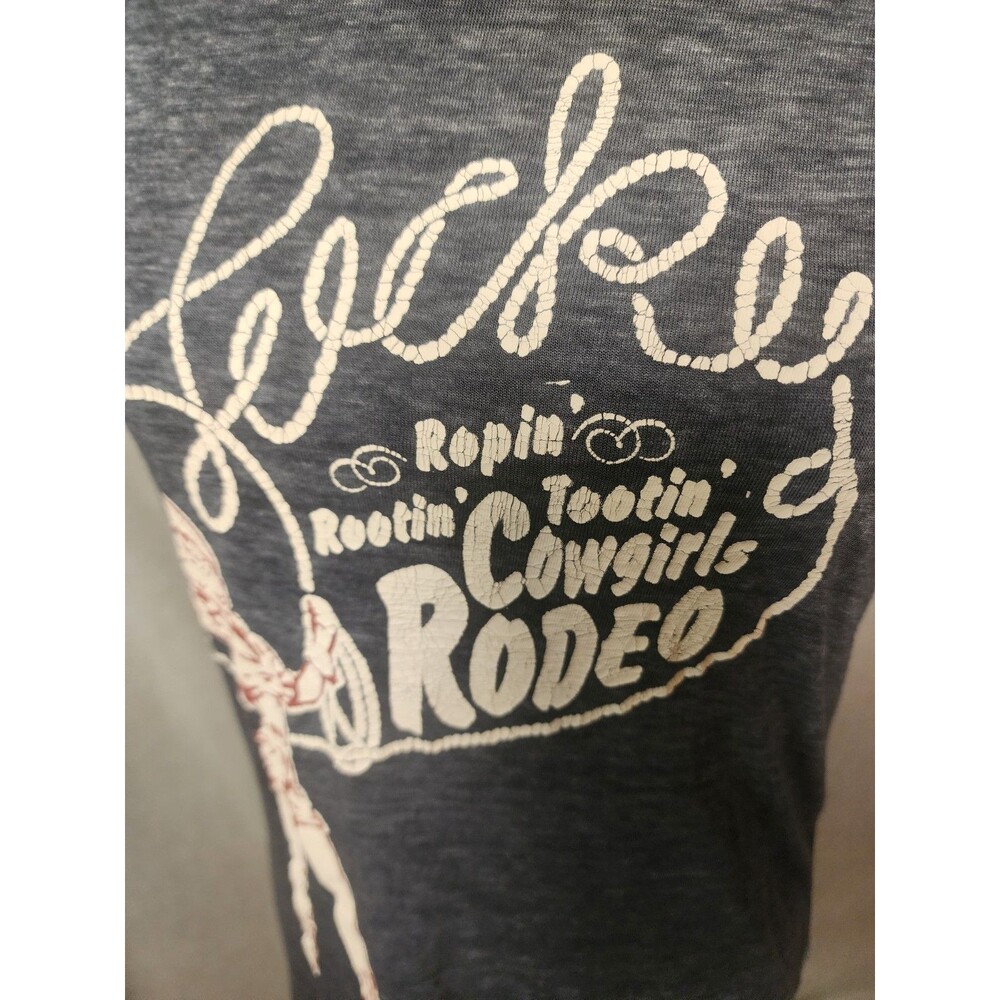 Lucky Brand Women's Sz S Cowgirl Ringer T Shirt Distressed Rodeo Grey Red Vtg - Picture 2 of 8